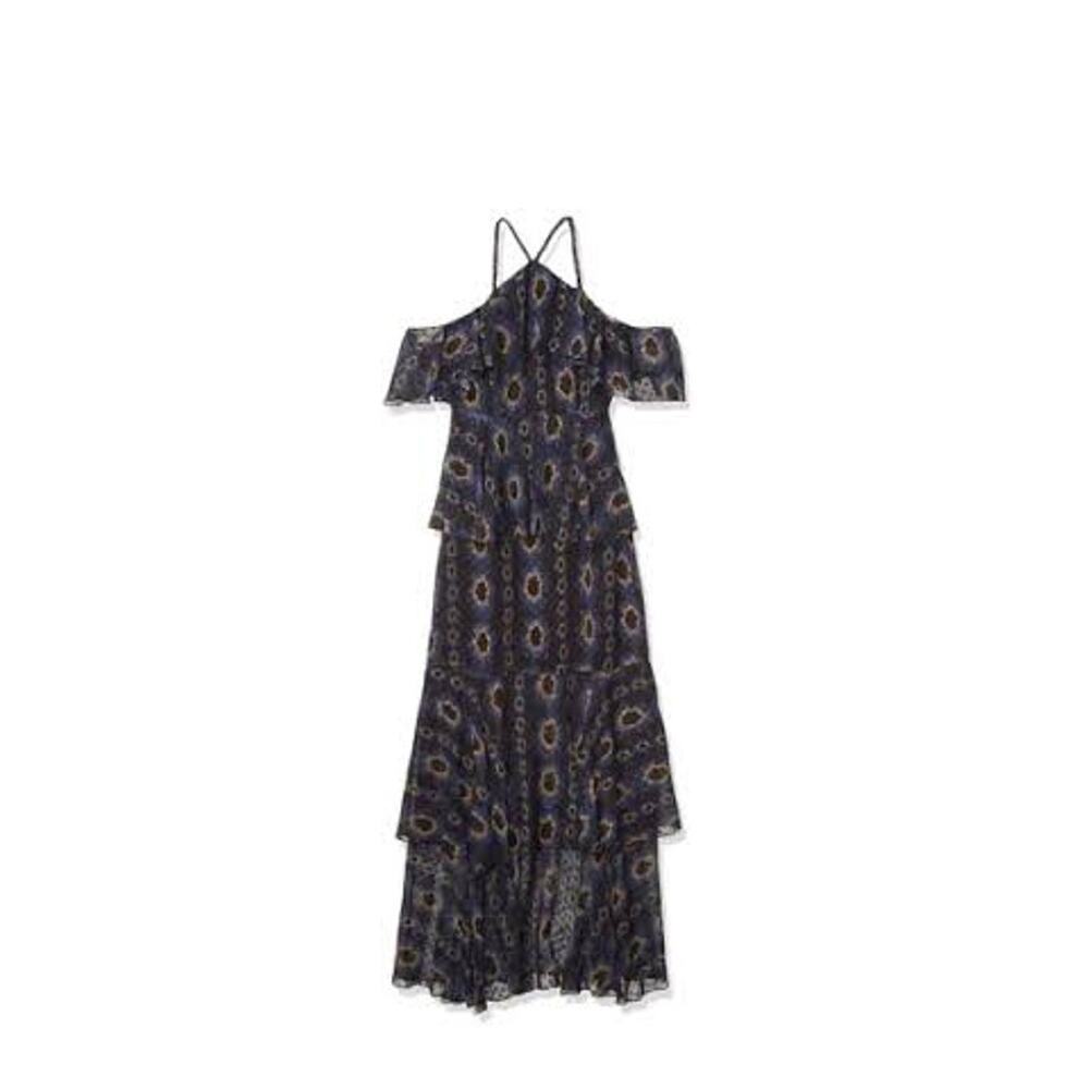 Cynthia Rowley Romantic Tiered Ruffle Maxi Dress, Black Blue Mod Floral Size 4